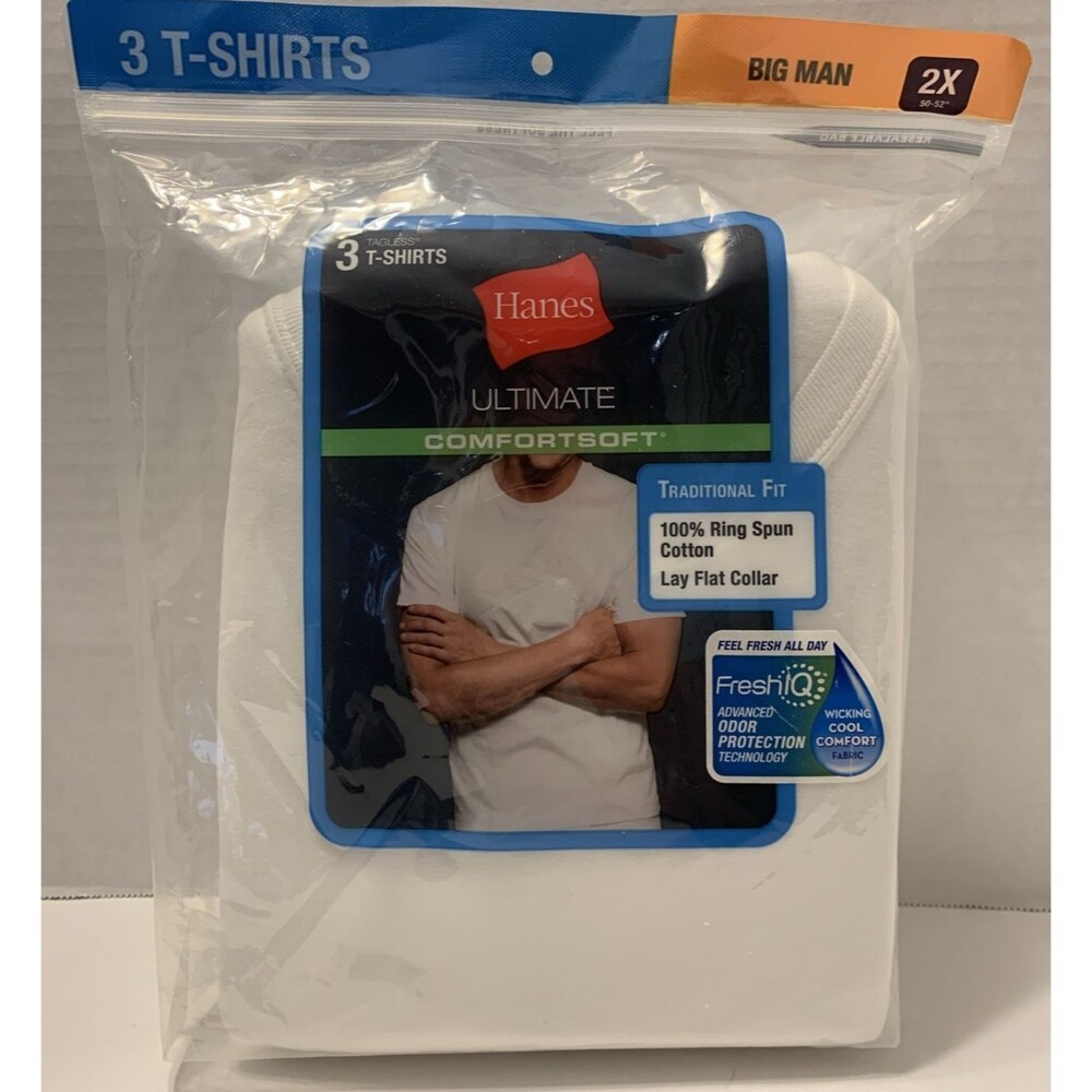 Hanes Tall Man Ultimate Comfortsoft Tagless White T-Shirts Pack Of 3, 2XL New
